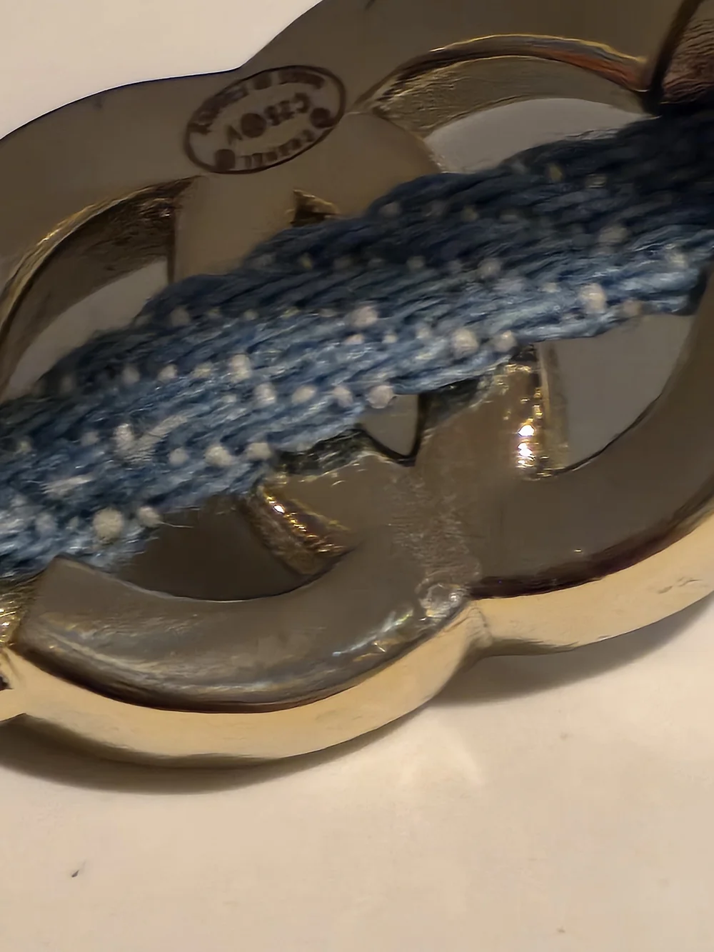 Chanel Silver Chain Bracelet with Light Blue Woven Band
